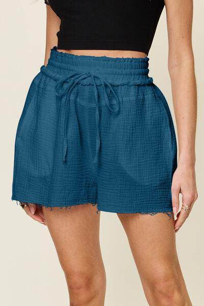 Double Take Full Size Texture Raw Trim Drawstring Shorts - Selvanelle