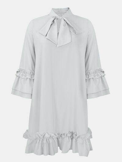 Frill Tie Neck Three-Quarter Sleeve Dress for Women - Selvanelle