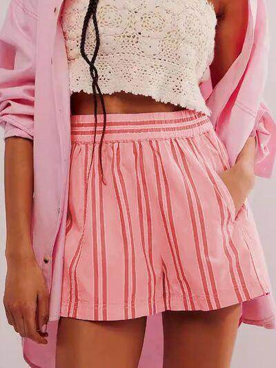 Striped Elastic Waist Shorts with Pockets for Comfort - Selvanelle