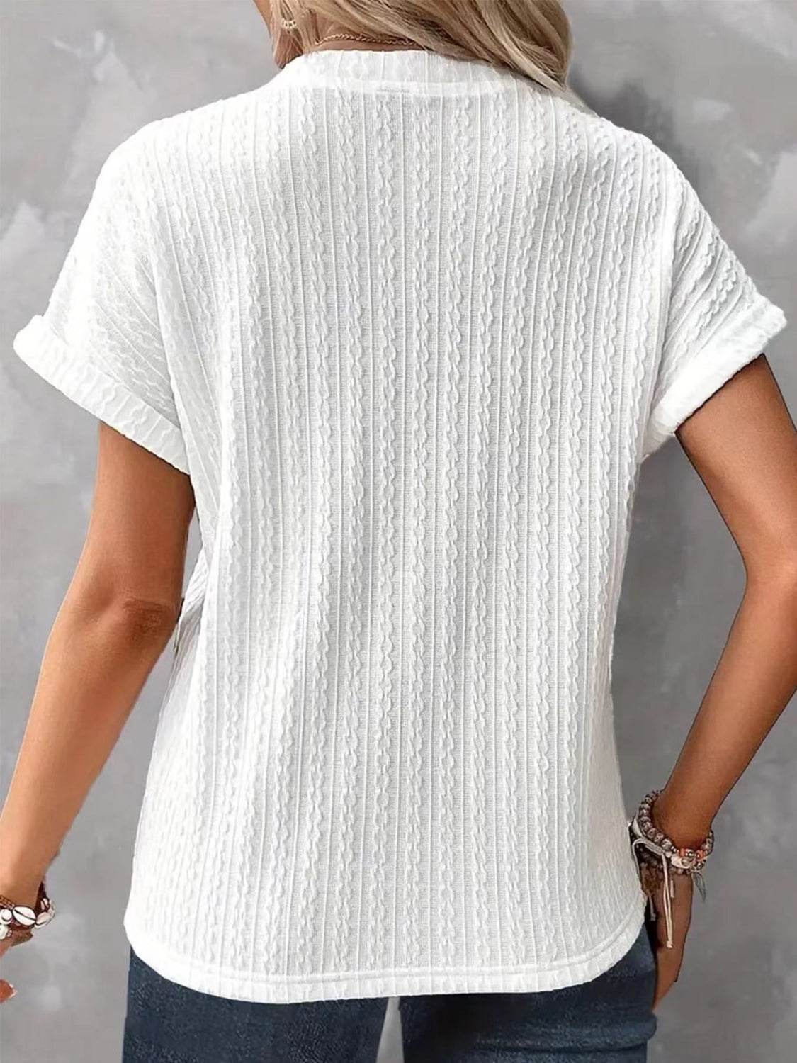 Textured Notched Short Sleeve Top - Selvanelle