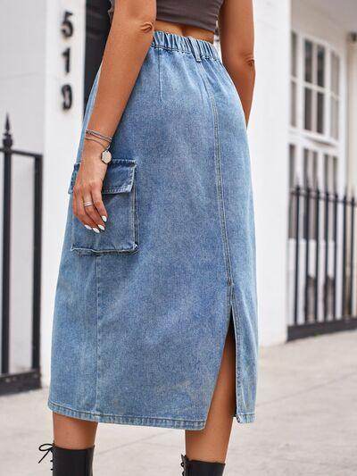 Slit Buttoned Denim Skirt with Pockets for Women - Selvanelle