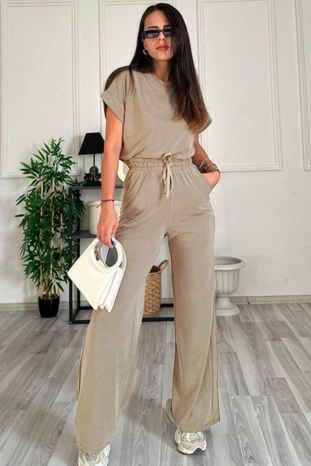 Round Neck Short Sleeve Top and Drawstring Pants Set for Women - Selvanelle