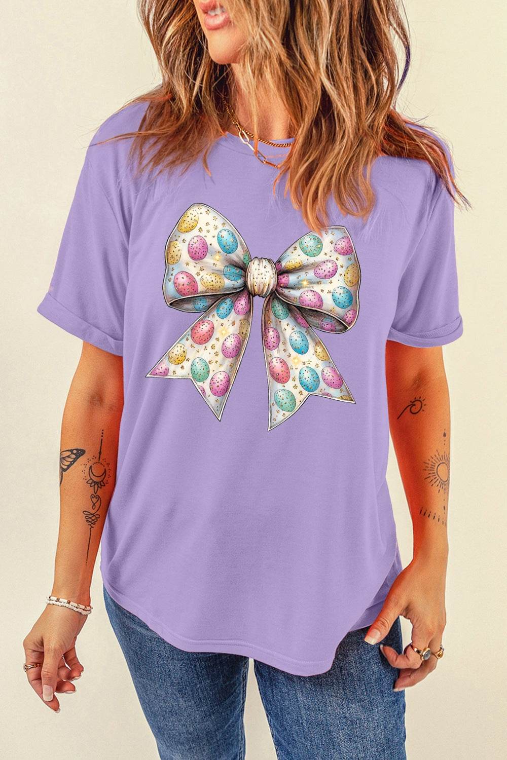 Bow Graphic Round Neck Short Sleeve T-Shirt - Selvanelle