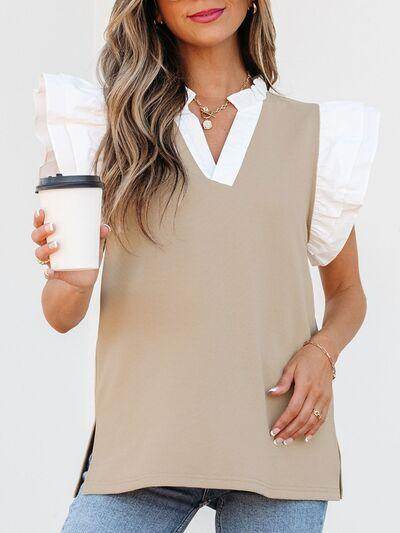 Ruffled Notched Cap Sleeve Top for Women in Various Sizes - Selvanelle