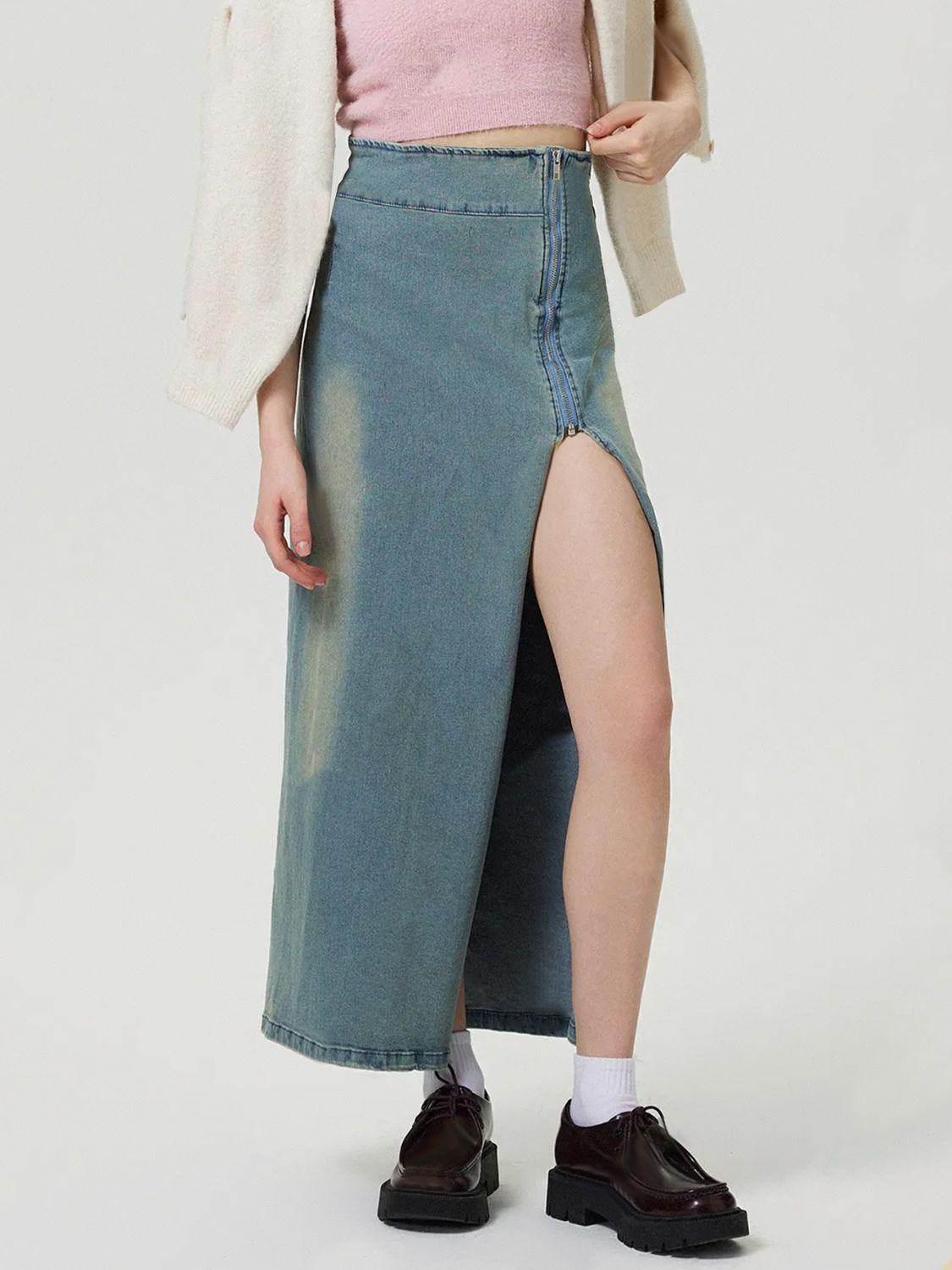 Slit Denim Skirt with Zip for Women in Various Sizes - Selvanelle