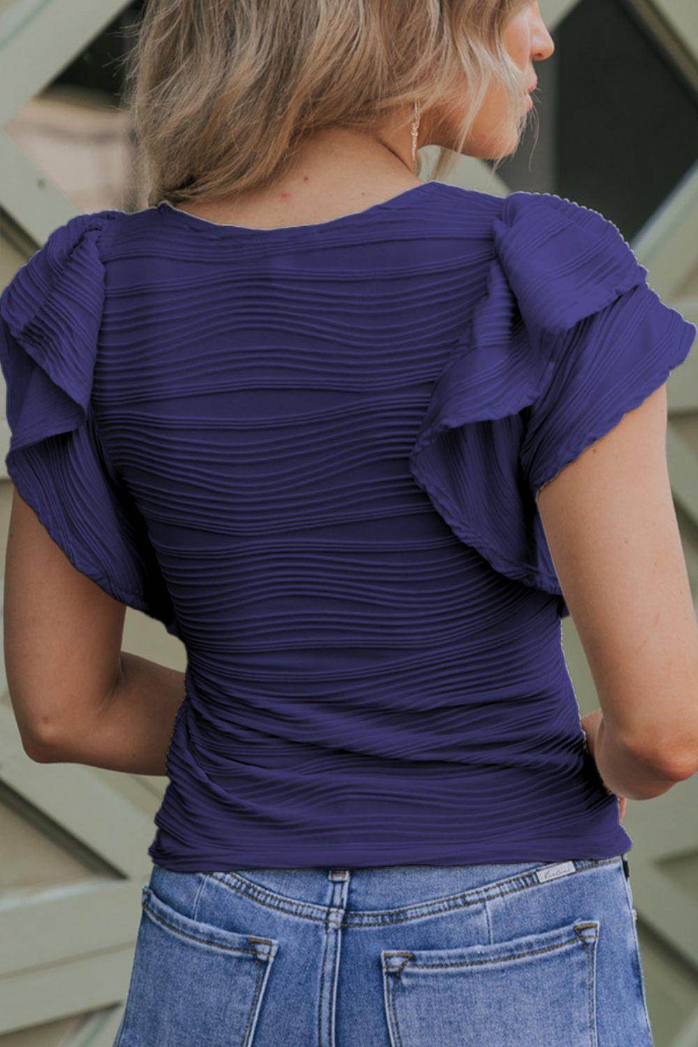 Textured Round Neck Cap Sleeve Top for Casual Style - Selvanelle