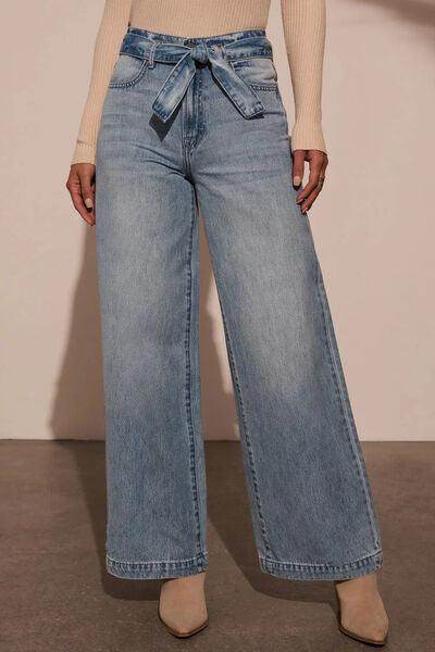 Tied Wide Leg Jeans with Pockets for Stylish Comfort - Selvanelle