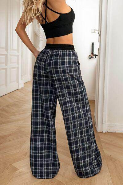 Plaid Wide Leg Pants with Drawstring and Sheer Style - Selvanelle