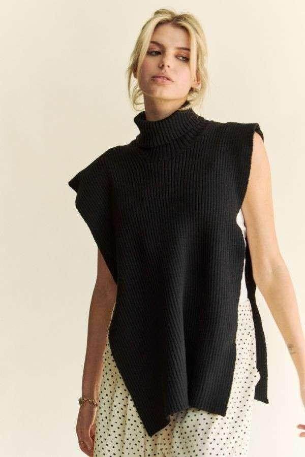 Davi & Dani Side Split Turtleneck Sleeveless Knit Top - Selvanelle