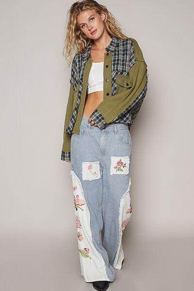 POL Plaid Button Down Shirt with Chest Pockets for Women - Selvanelle