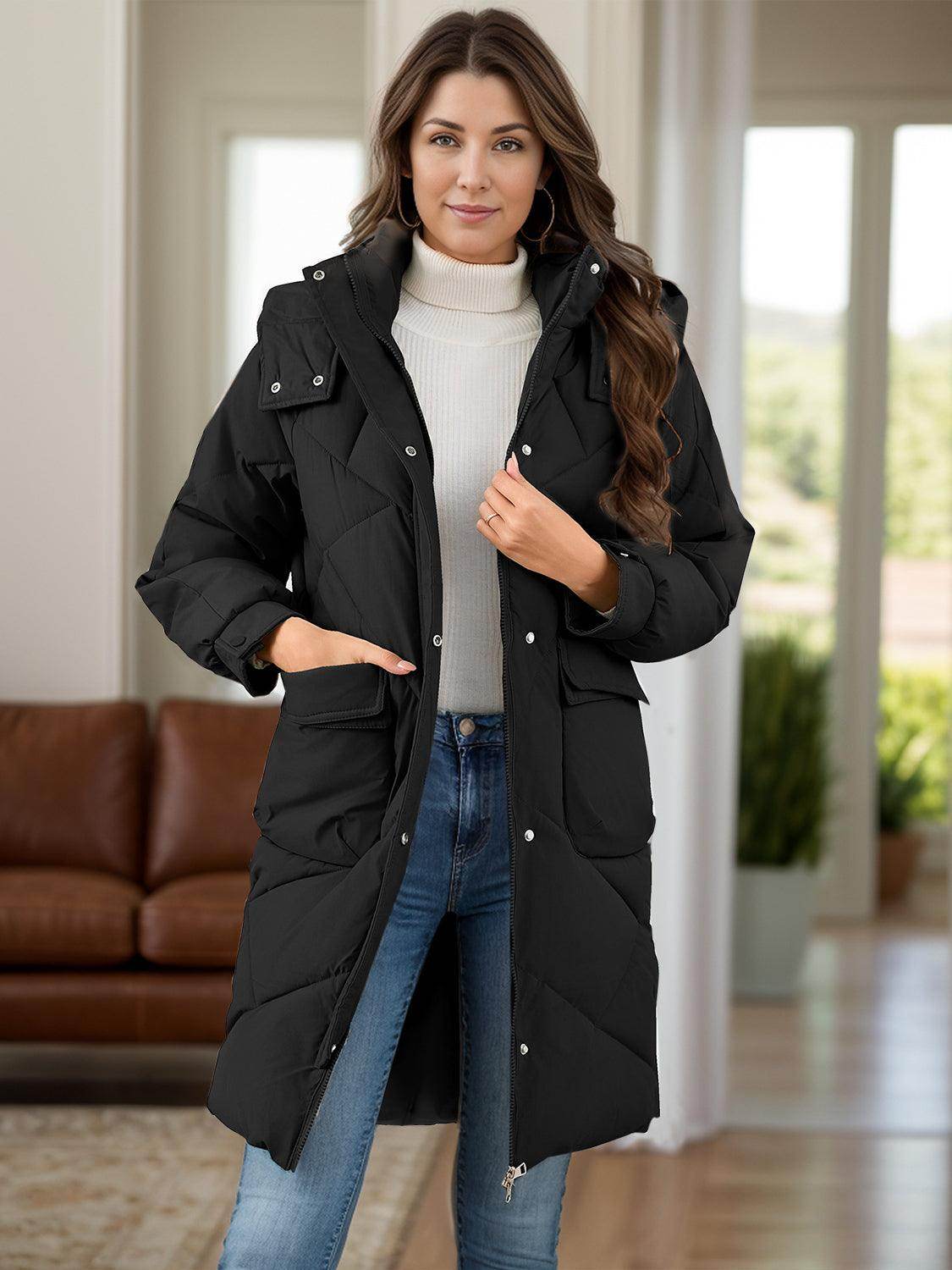 Long Sleeve Longline Hooded Winter Coat with Pockets - Selvanelle