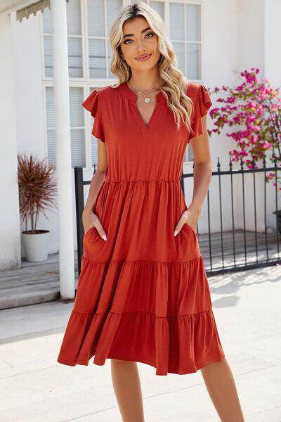 Ruched Notched Cap Sleeve Dress with Pockets and Stretch - Selvanelle