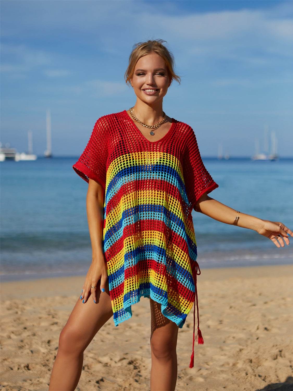 Angel Wings Cutout Striped Cover-Up with Tassel - Selvanelle