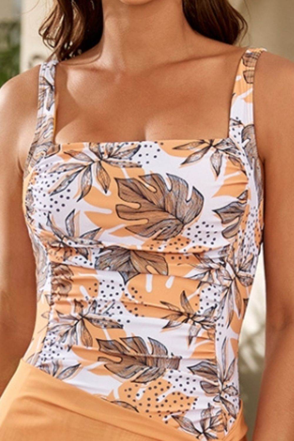 Printed Square Neck Wide Strap One-Piece Swimwear - Selvanelle