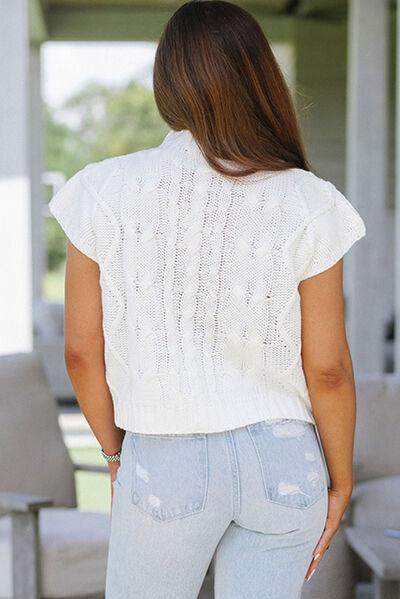 Cable-Knit Tied Mock Neck Cap Sleeve Sweater for Women - Selvanelle