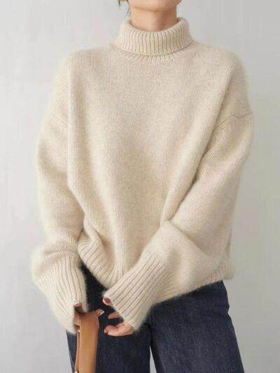 Turtleneck Dropped Shoulder Long Sleeve Sweater for Women - Selvanelle