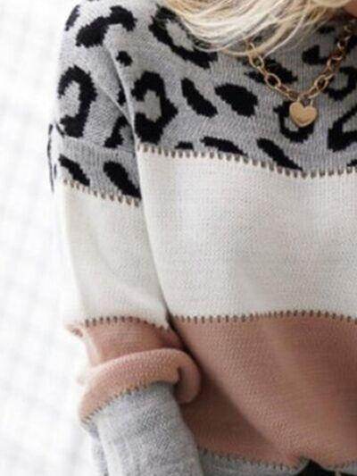 Leopard Color Block Round Neck Long Sleeve Sweater for Women - Selvanelle