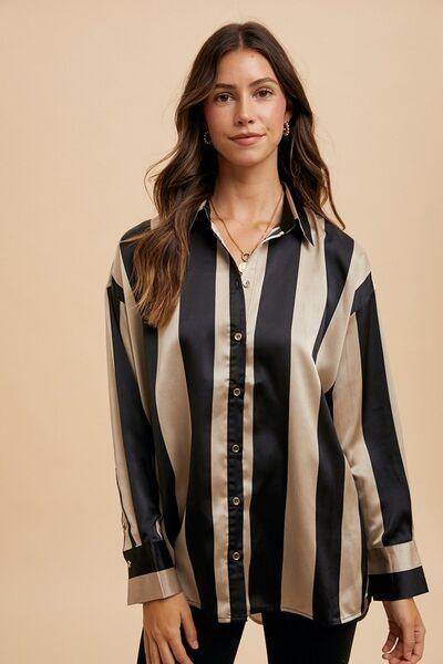 Annie Wear Striped Dropped Shoulder Button Up Shirt For Women - Selvanelle
