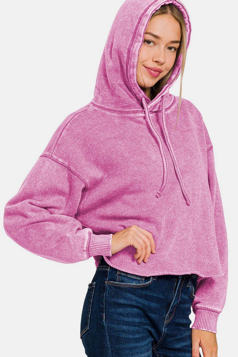 Zenana Acid Wash Fleece Cropped Hoodie for Trendy Style - Selvanelle