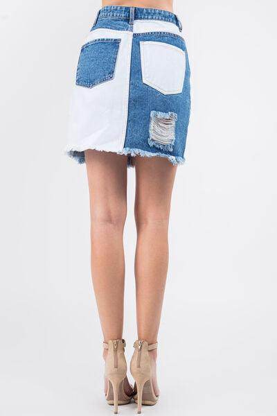 American Bazi Contrast Patched Frayed Denim Distressed Skirts - Selvanelle