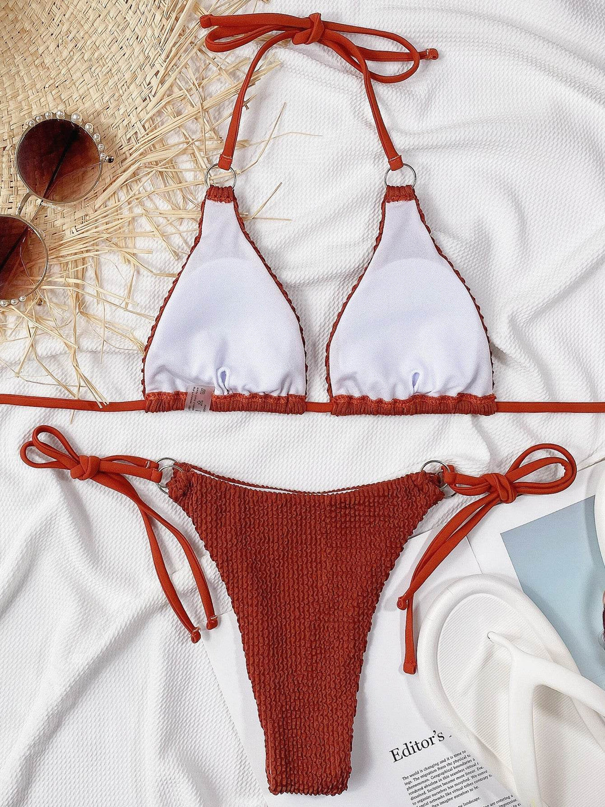 Textured Halter Neck Tie Side Bikini Set - Selvanelle
