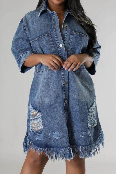 Distressed Raw Hem Button Up Denim Dress for Women - Selvanelle