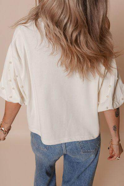 Pearl Detail Round Neck Half Sleeve Blouse for Women - Selvanelle