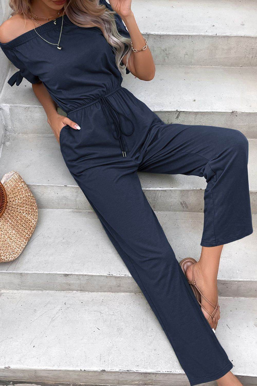 Perfee Off-Shoulder Tie Cuff Jumpsuit with Pockets - Selvanelle
