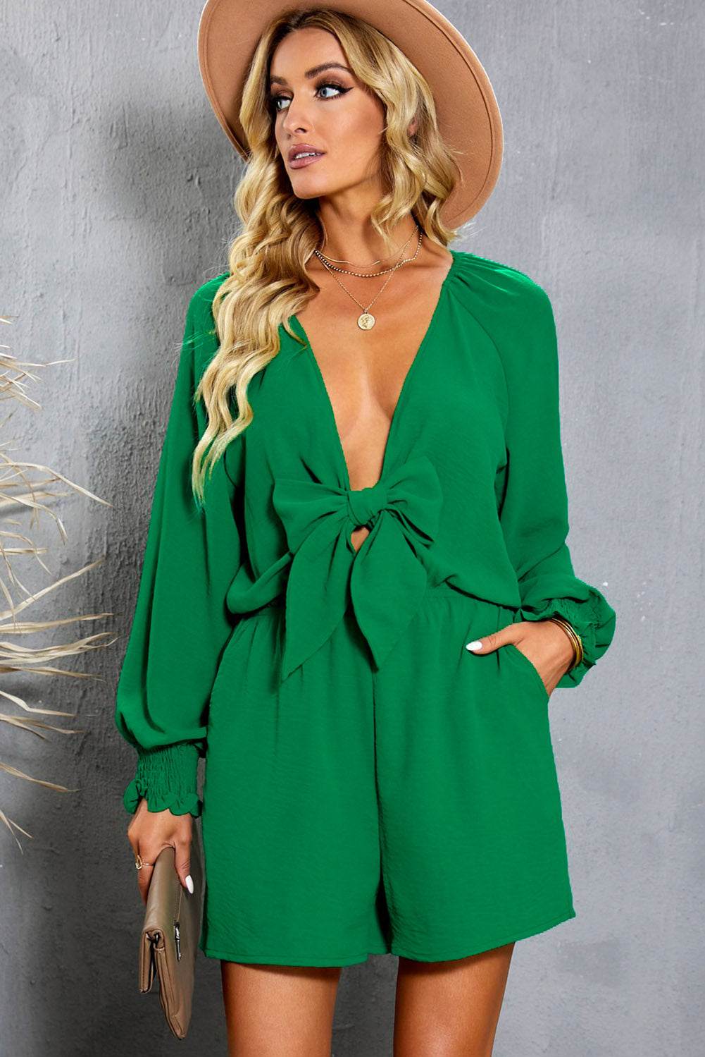 Tied Flounce Sleeve Plunge Romper - Selvanelle