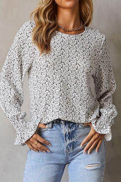Printed Round Neck Flounce Sleeve Blouse for Women - Selvanelle