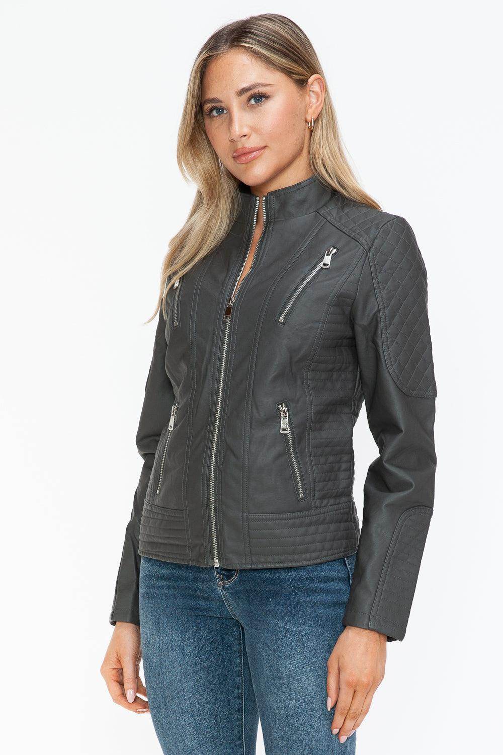 Snobbish Faux Leather Zip Up Mock Neck Jacket for Women - Selvanelle