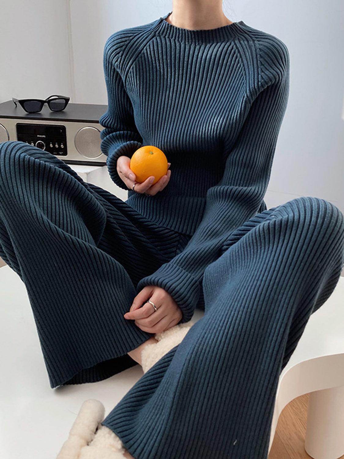 Mock Neck Raglan Sleeve Top and Pants Sweater Set for Women - Selvanelle