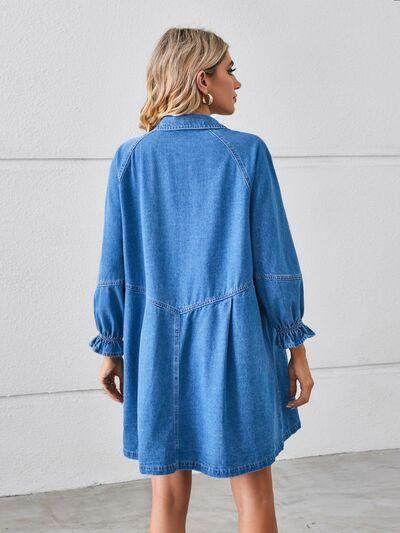 Button Up Flounce Sleeve Mini Denim Dress for Women - Selvanelle