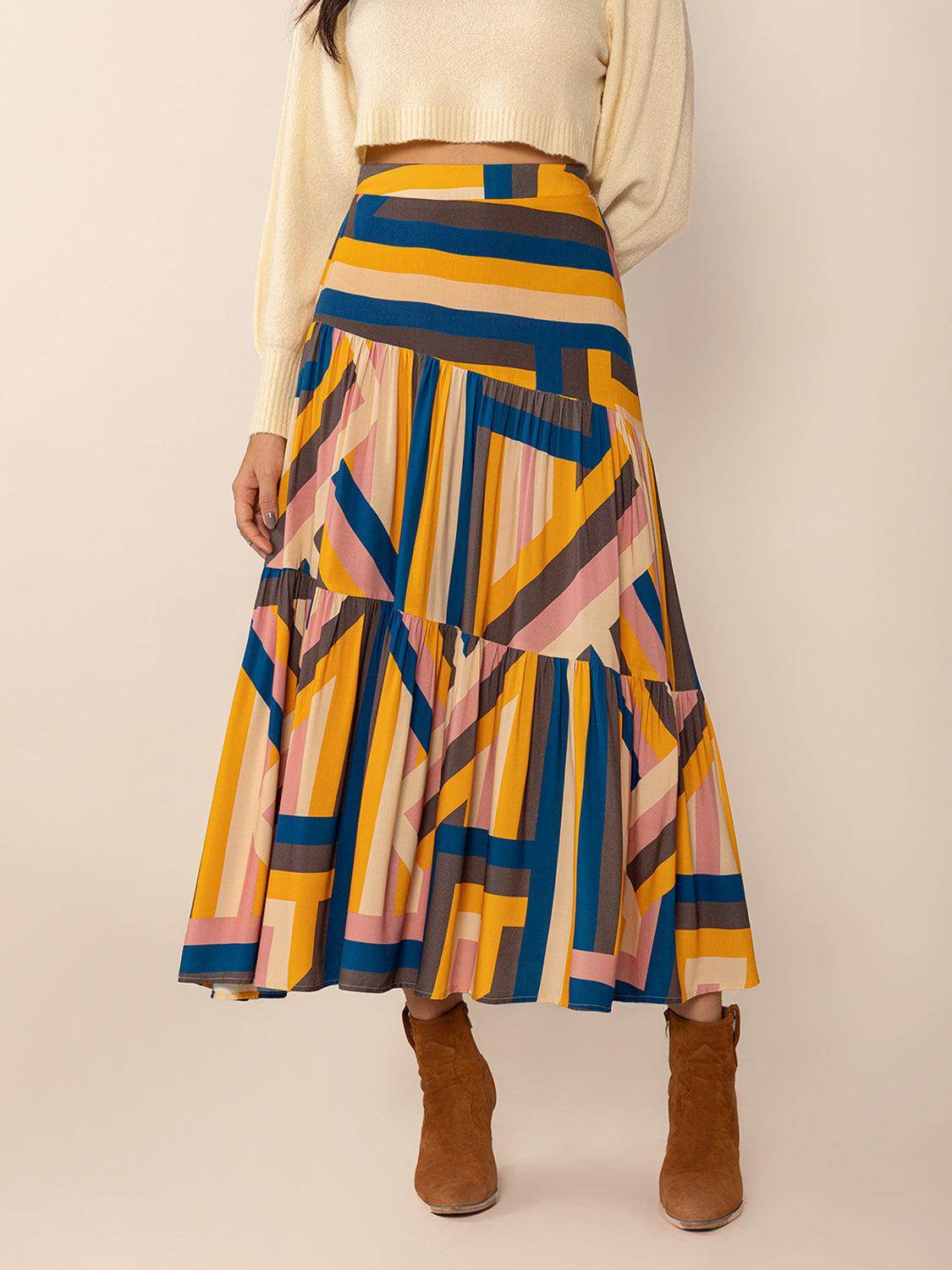 Ruched Elastic Waist Contrast Midi Skirt for Women Fashion - Selvanelle