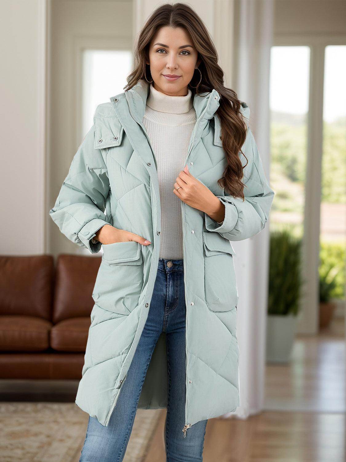 Long Sleeve Longline Hooded Winter Coat with Pockets - Selvanelle