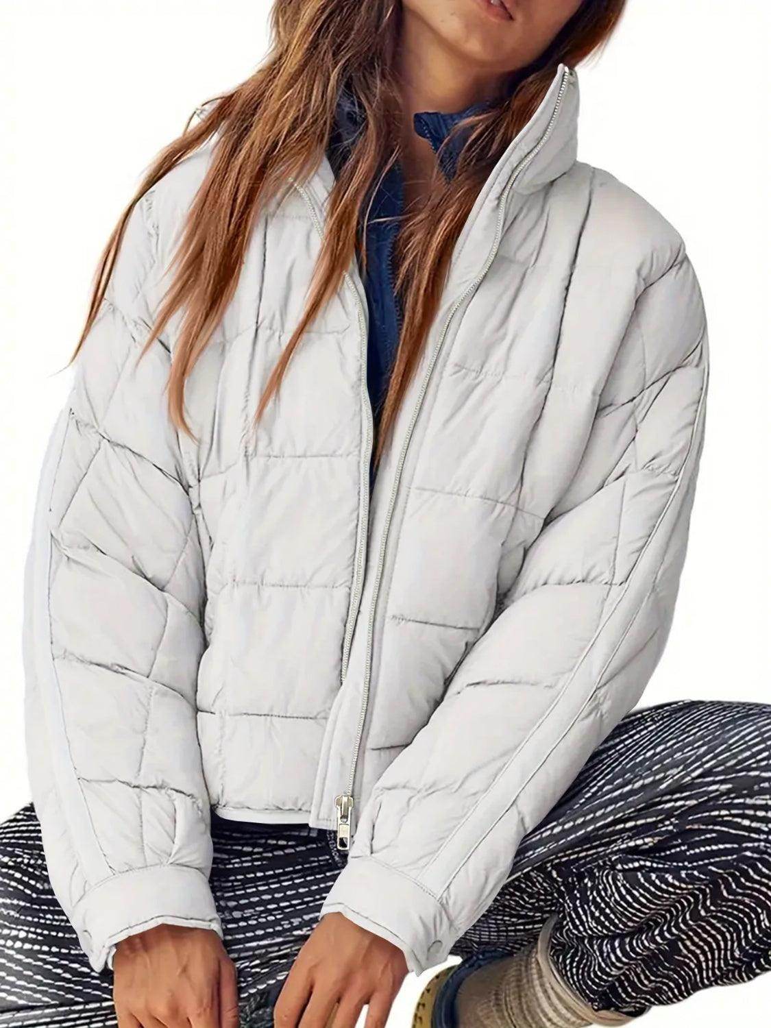 Pocketed Plaid Quilted Zip Up Winter Coat for Women - Selvanelle