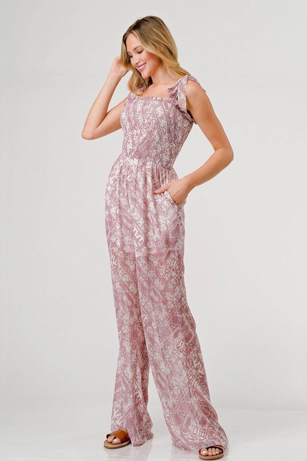 GeeGee Printed Tie Shoulder Wide Leg Jumpsuit for Women - Selvanelle
