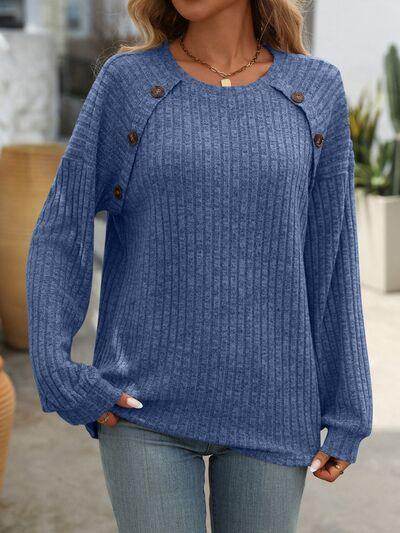 Mandy Decor Button Long Sleeve Ribbed T-Shirt for Women - Selvanelle