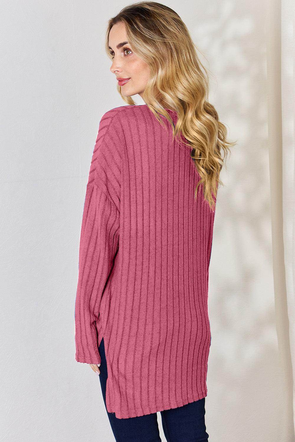 Basic Bae Full Size Ribbed Half Button Long Sleeve T-Shirt - Selvanelle