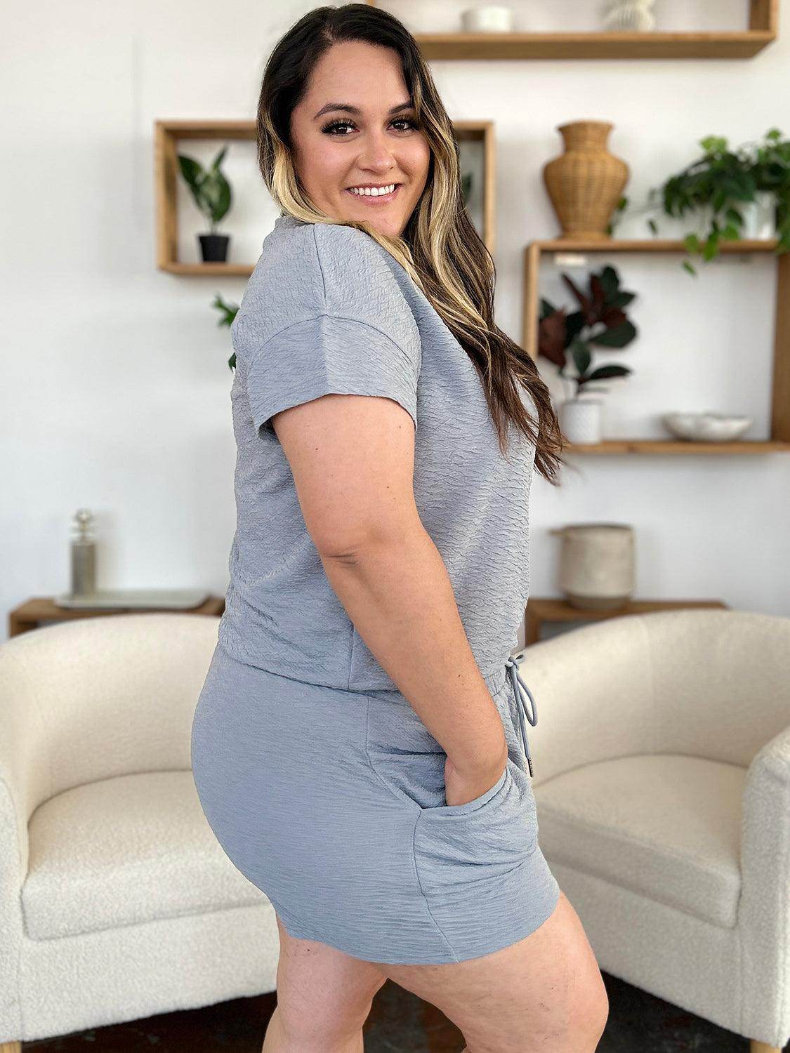 Double Take Full Size Texture Short Sleeve T-Shirt and Drawstring Shorts Set - Selvanelle