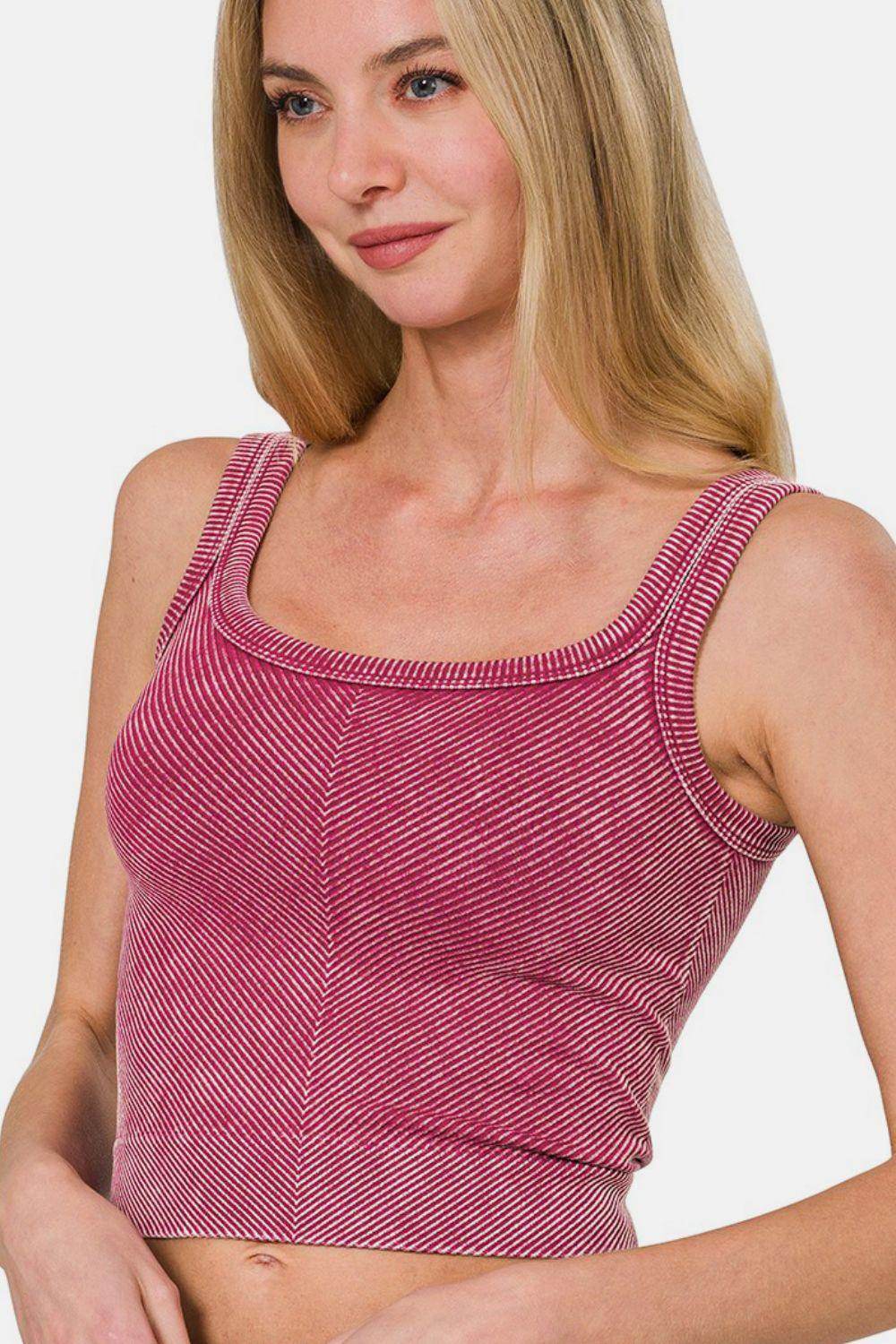 Zenana Washed Ribbed Scoop Neck Wide Strap Tank Top - Selvanelle