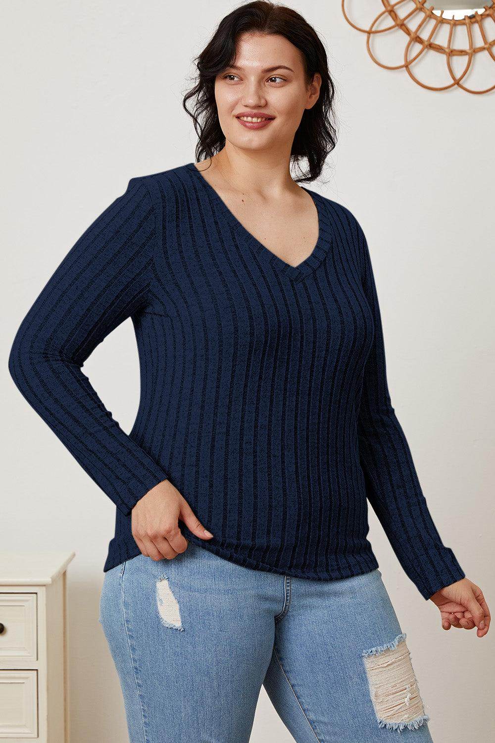 Basic Bae Full Size Ribbed V-Neck Long Sleeve T-Shirt - Selvanelle