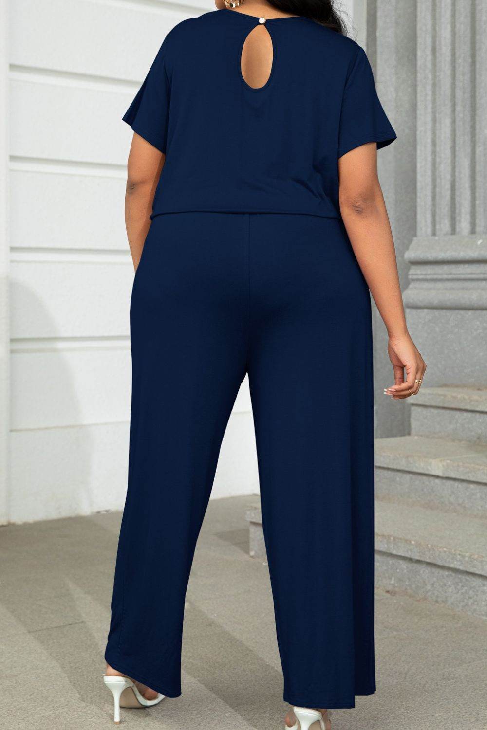 Plus Size Drawstring Waist Short Sleeve Jumpsuit - Selvanelle