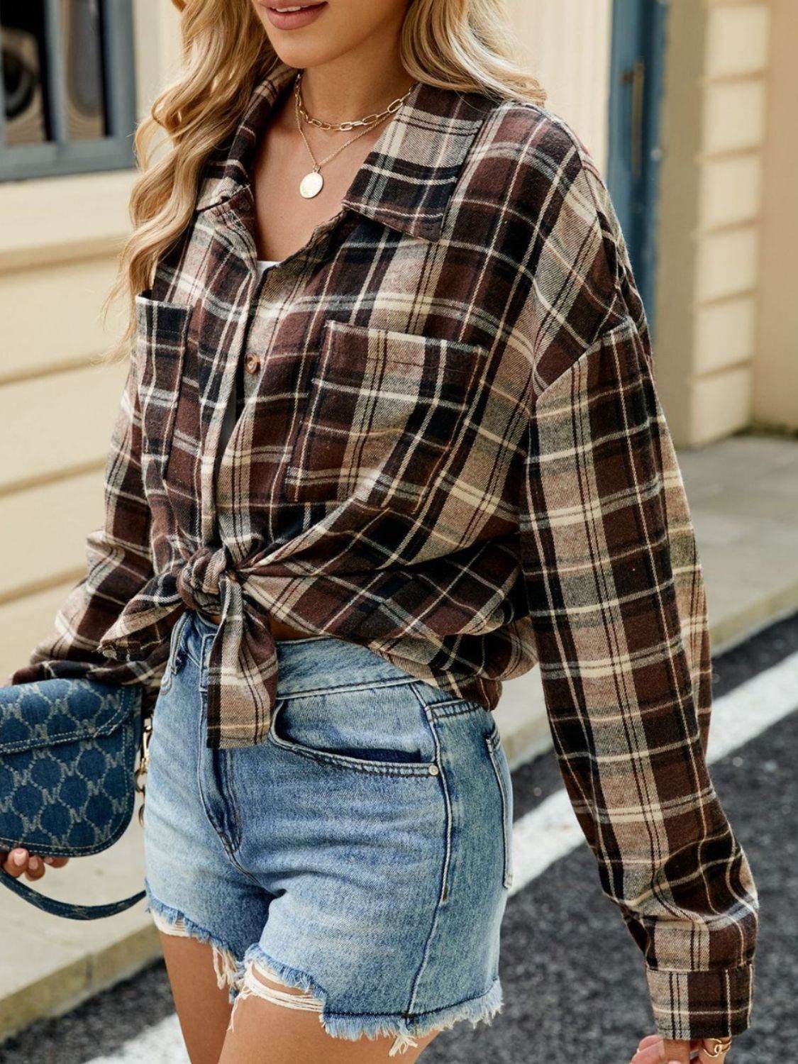 Plaid Collared Neck Long Sleeve Shirt - Selvanelle
