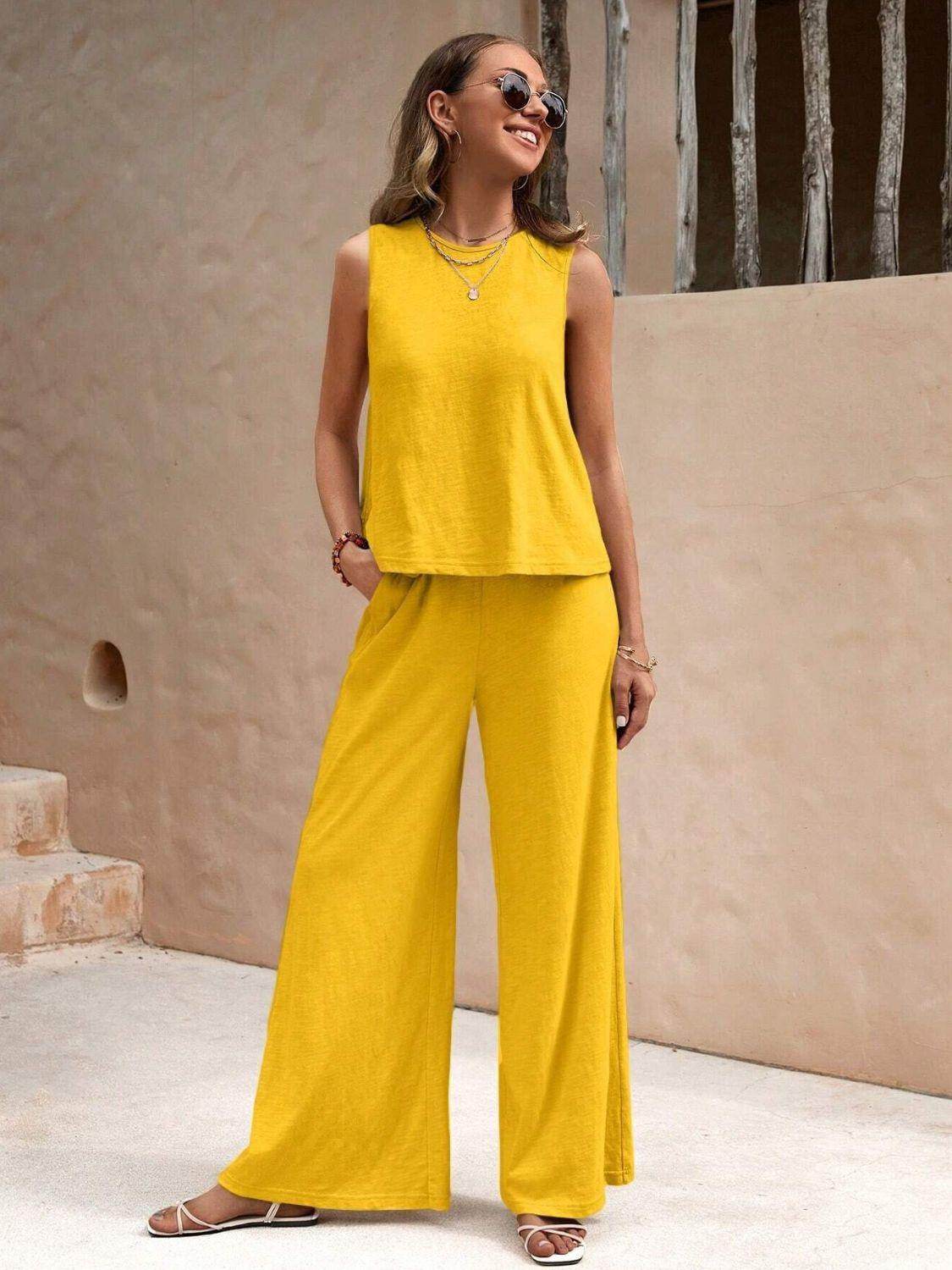 Stylish Round Neck Sleeveless Top and Wide Leg Pants Set - Selvanelle
