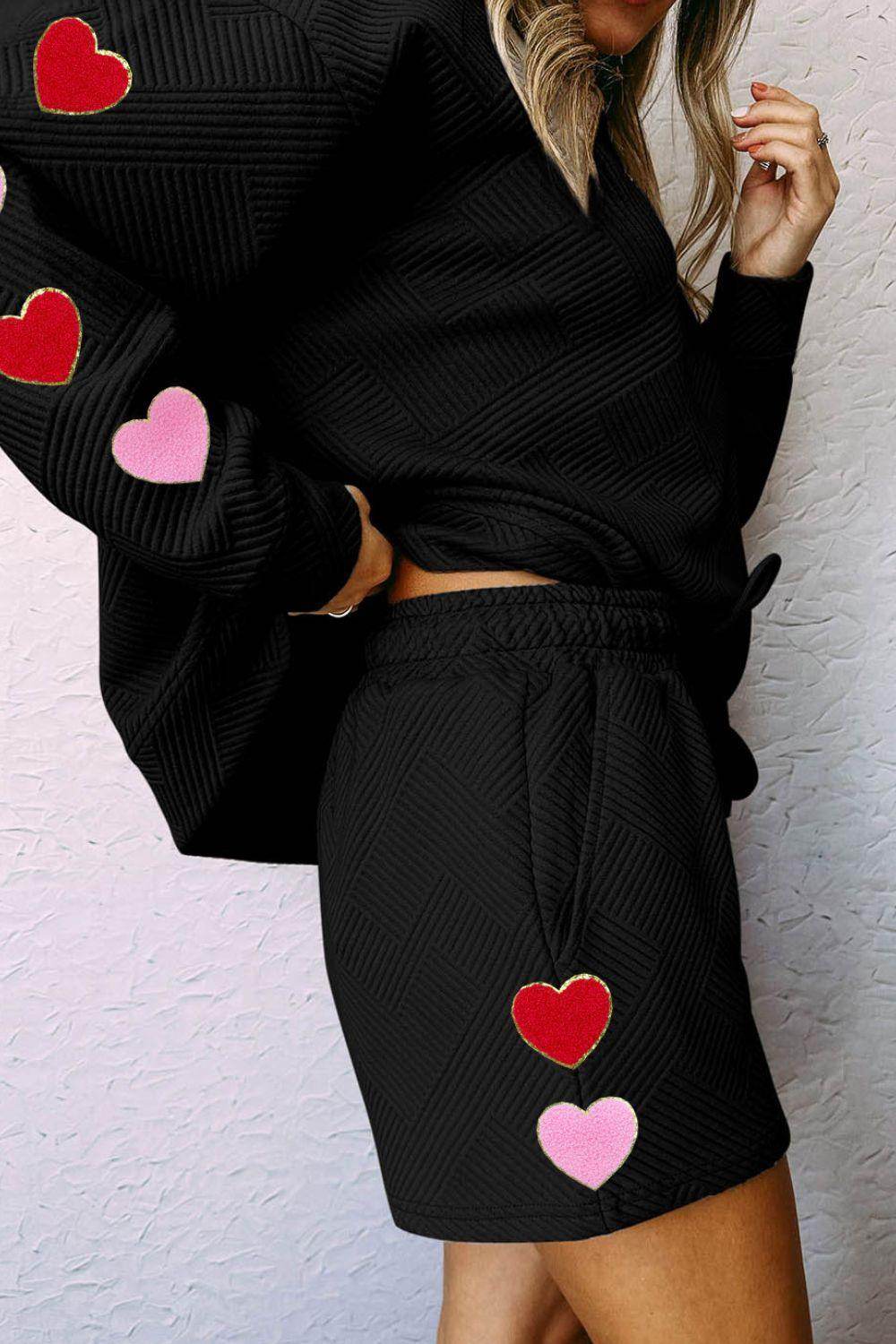 Heart Texture Round Neck Top and Drawstring Shorts Set - Selvanelle