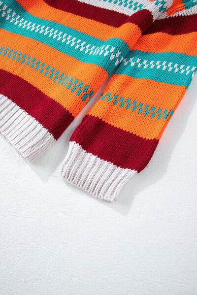 Contrast Striped Round Neck Long Sleeve Sweater for Women - Selvanelle