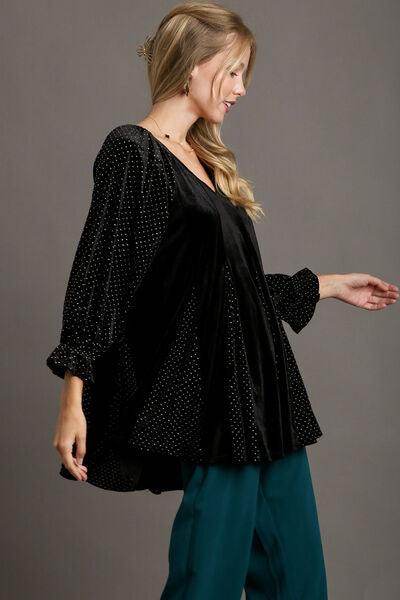 Umgee Godet Hem Polka Dot V-Neck Blouse for Women - Selvanelle