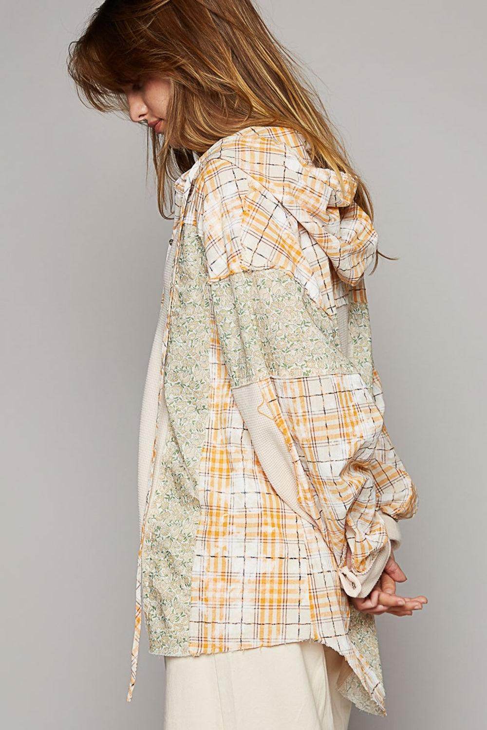 POL Long Sleeve Knit Mixed Hoodie Plaid Shirt for Women - Selvanelle