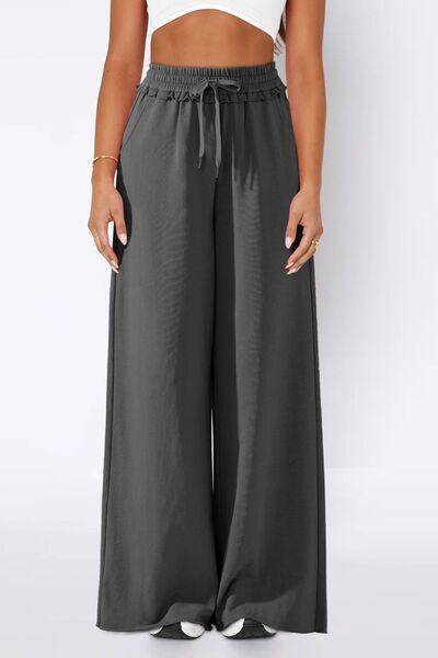 High Waist Wide Leg Pants with Pockets and Frill Detail - Selvanelle